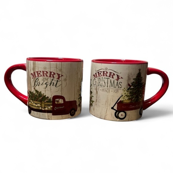 Park Designs Christmas Wagon Tree Truck Oversized 16 oz Coffee Tea Mugs Set of 2 - Picture 1 of 6